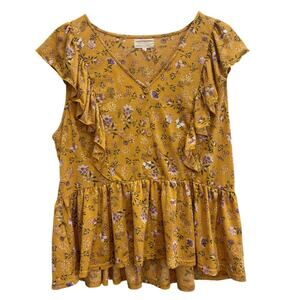 Melloday Women L Yellow Purple Floral Ruffle Shirt Sleeve V-Neck Blouse Boho